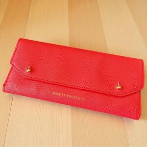 ANTHROPOLOGIE Coral Red Saffiano Travel Wallet | “Keep It Together” | Card Slots